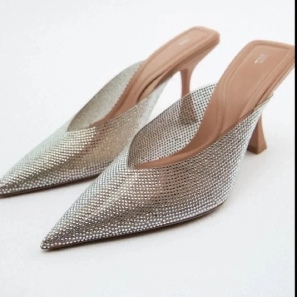 Zara Silver Metallic Heels with Rhinestone Embellishments Size US 6.5 (37)